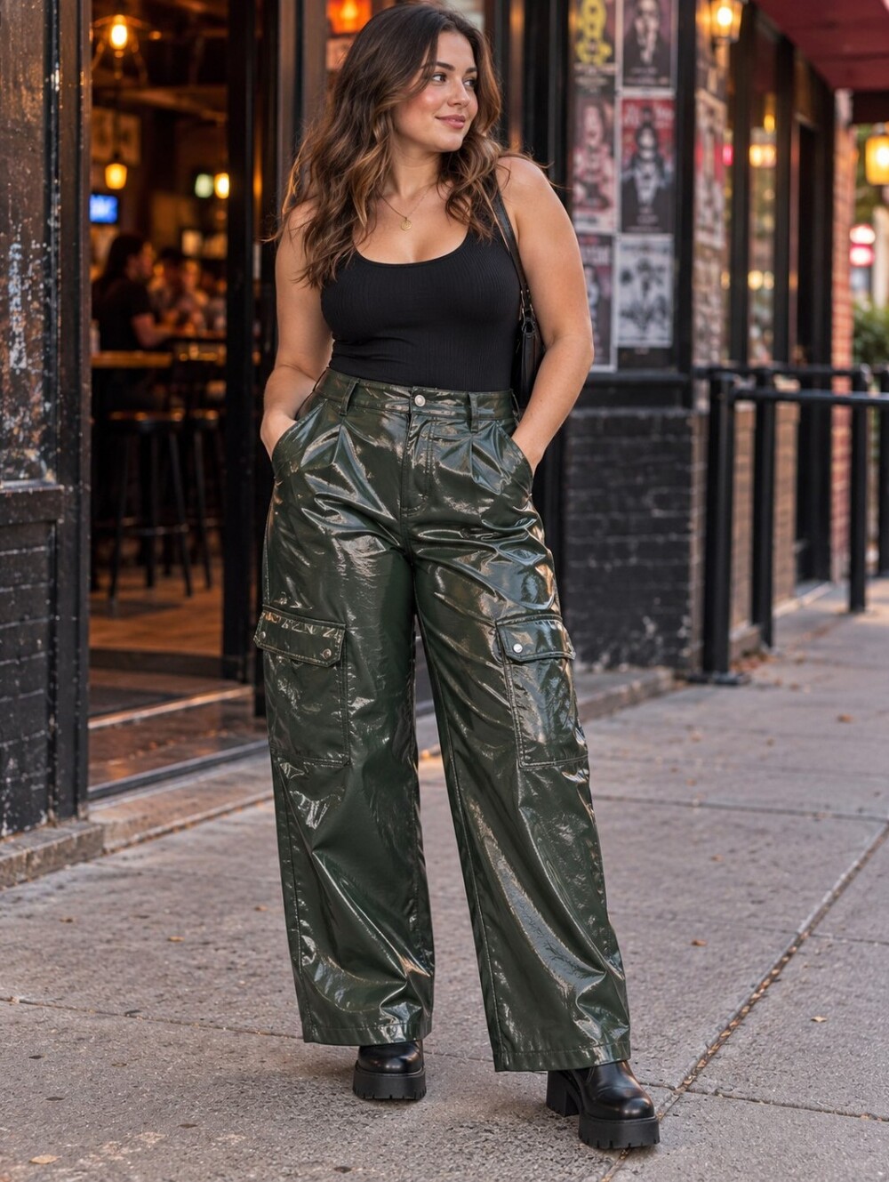 AFRM Wynn Faux Leather Wide Leg Cargo Pants Size 32 Green